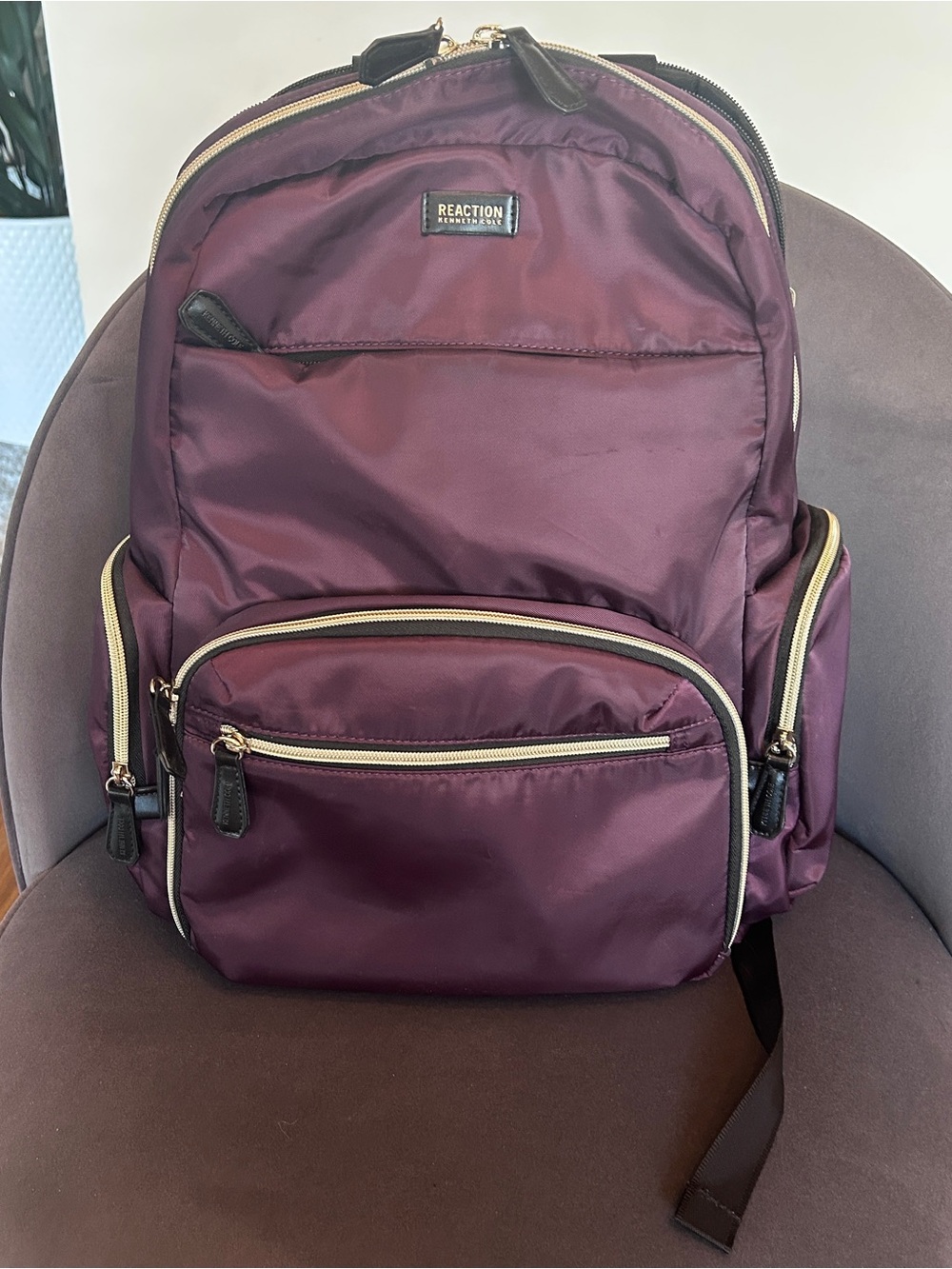 Kenneth Cole Reaction Plum Nylon Backpack with Gold Zippers
